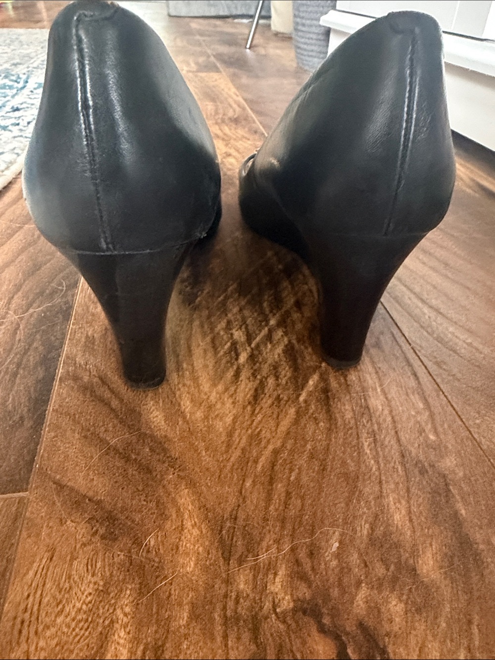 Tory Burch Black Leather Peep-Toe Heels with Gold Logo Medallions - Picture 3 of 3